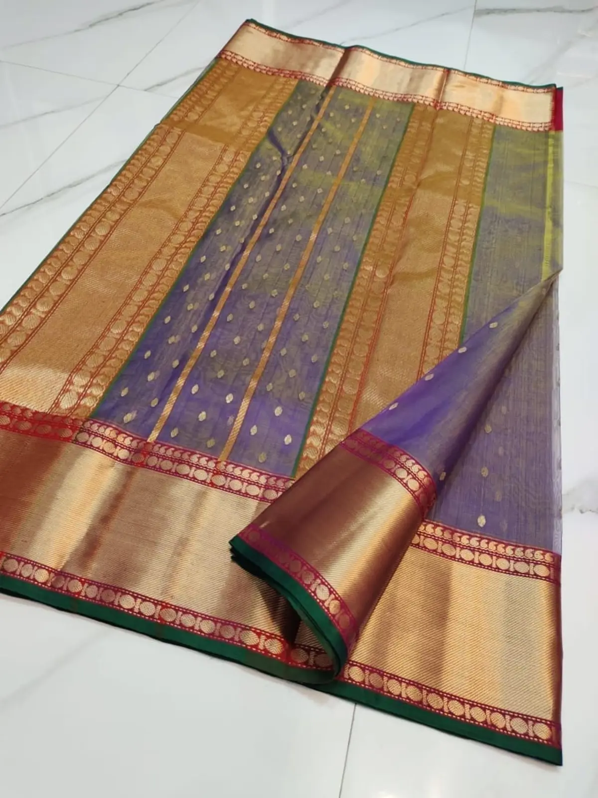 Handwoven Amethyst Violet with Antique Gold, Deep Garnet, and Forest Green Accents Amethyst Violet with Antique Gold, Deep Garnet, and Forest Green Accents Kataan Silk Saree - Authentic Chanderi Silk Saree Chanderi Saree - View 2