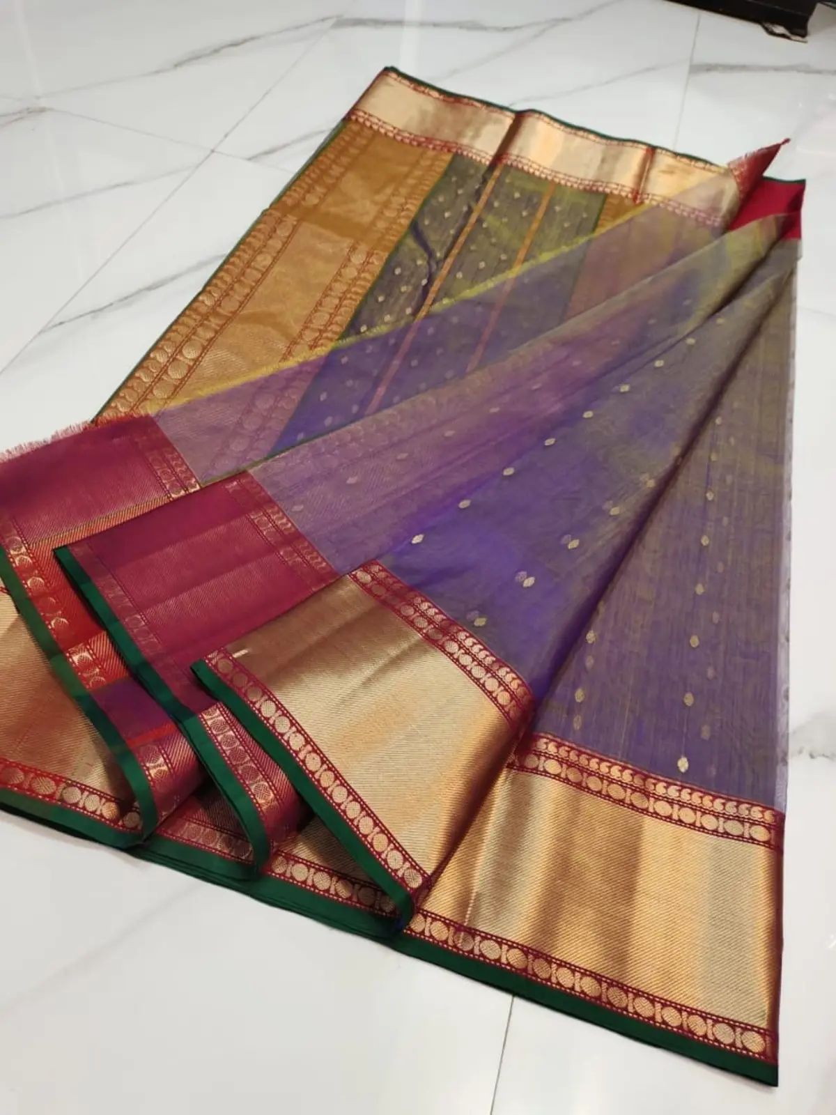 Handwoven Amethyst Violet with Antique Gold, Deep Garnet, and Forest Green Accents Amethyst Violet with Antique Gold, Deep Garnet, and Forest Green Accents Kataan Silk Saree - Authentic Chanderi Silk Saree Chanderi Saree - View 3