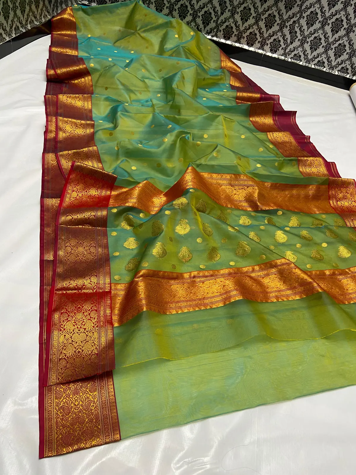 Aqua Green with Gold Brocade Border Kataan Silk - Handloom Chanderi Saree