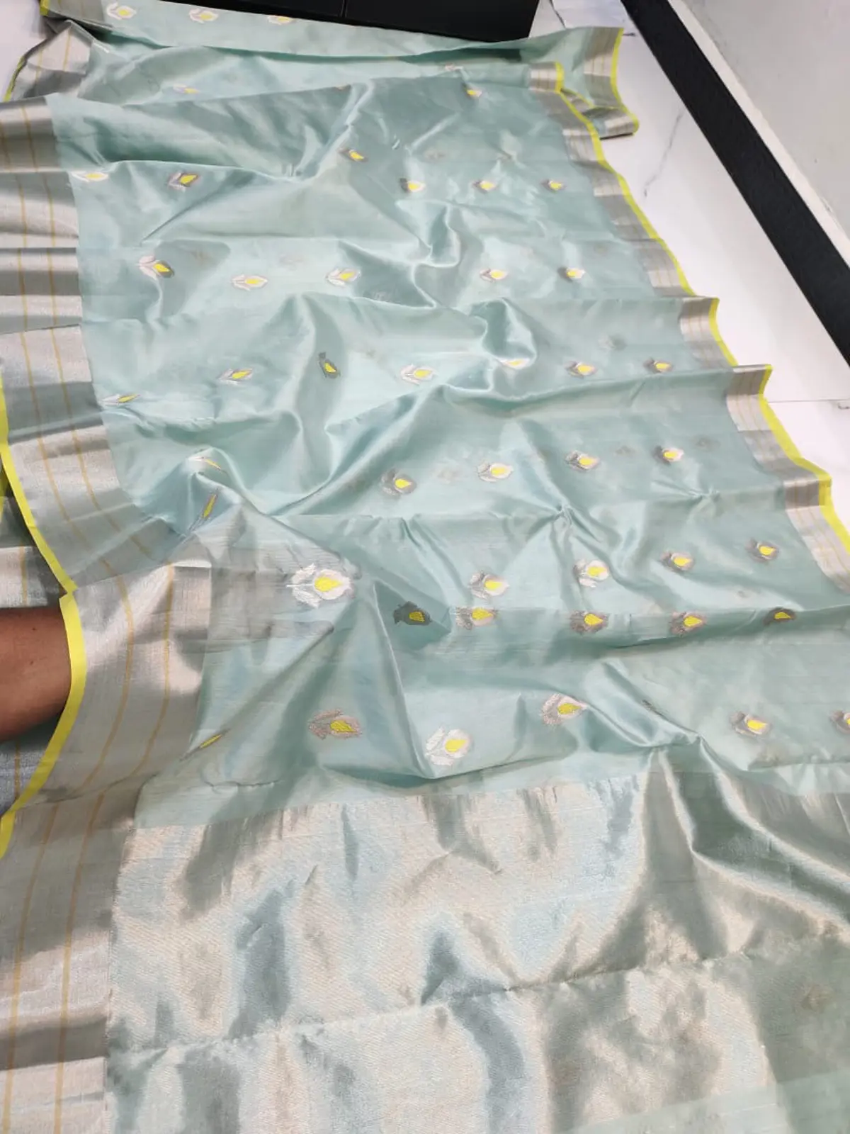 Handwoven Aqua Mist, Gilded Mustard & Sterling Silver Aqua Mist, Gilded Mustard & Sterling Silver Pattu Silk Saree - Authentic Chanderi Silk Saree Chanderi Saree - View 1