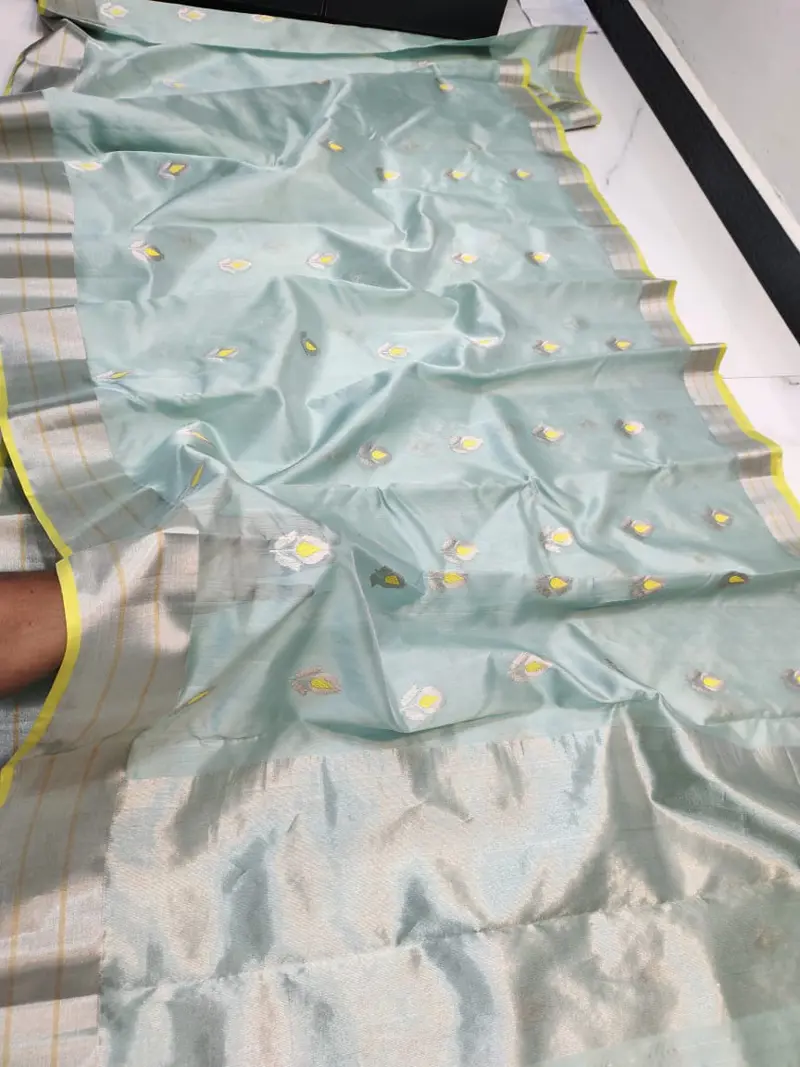 Aqua Mist, Gilded Mustard & Sterling Silver Pattu Silk Saree