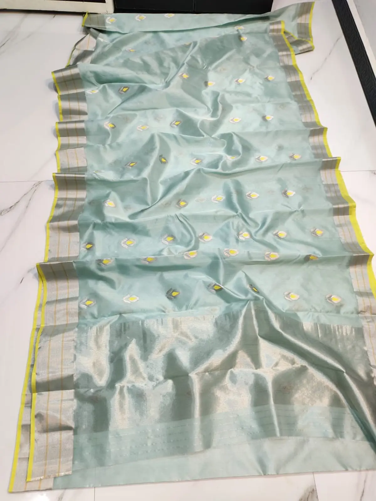 Handwoven Aqua Mist, Gilded Mustard & Sterling Silver Aqua Mist, Gilded Mustard & Sterling Silver Pattu Silk Saree - Authentic Chanderi Silk Saree Chanderi Saree - View 2