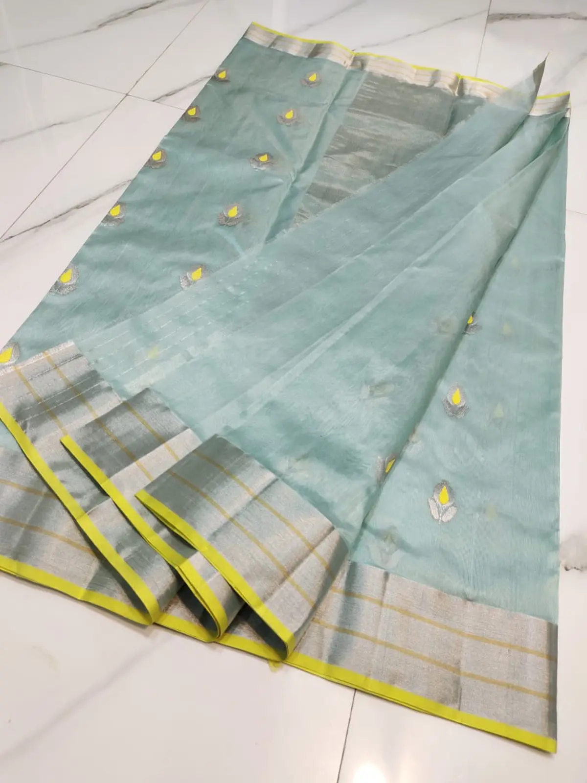 Handwoven Aqua Mist, Gilded Mustard & Sterling Silver Aqua Mist, Gilded Mustard & Sterling Silver Pattu Silk Saree - Authentic Chanderi Silk Saree Chanderi Saree - View 3