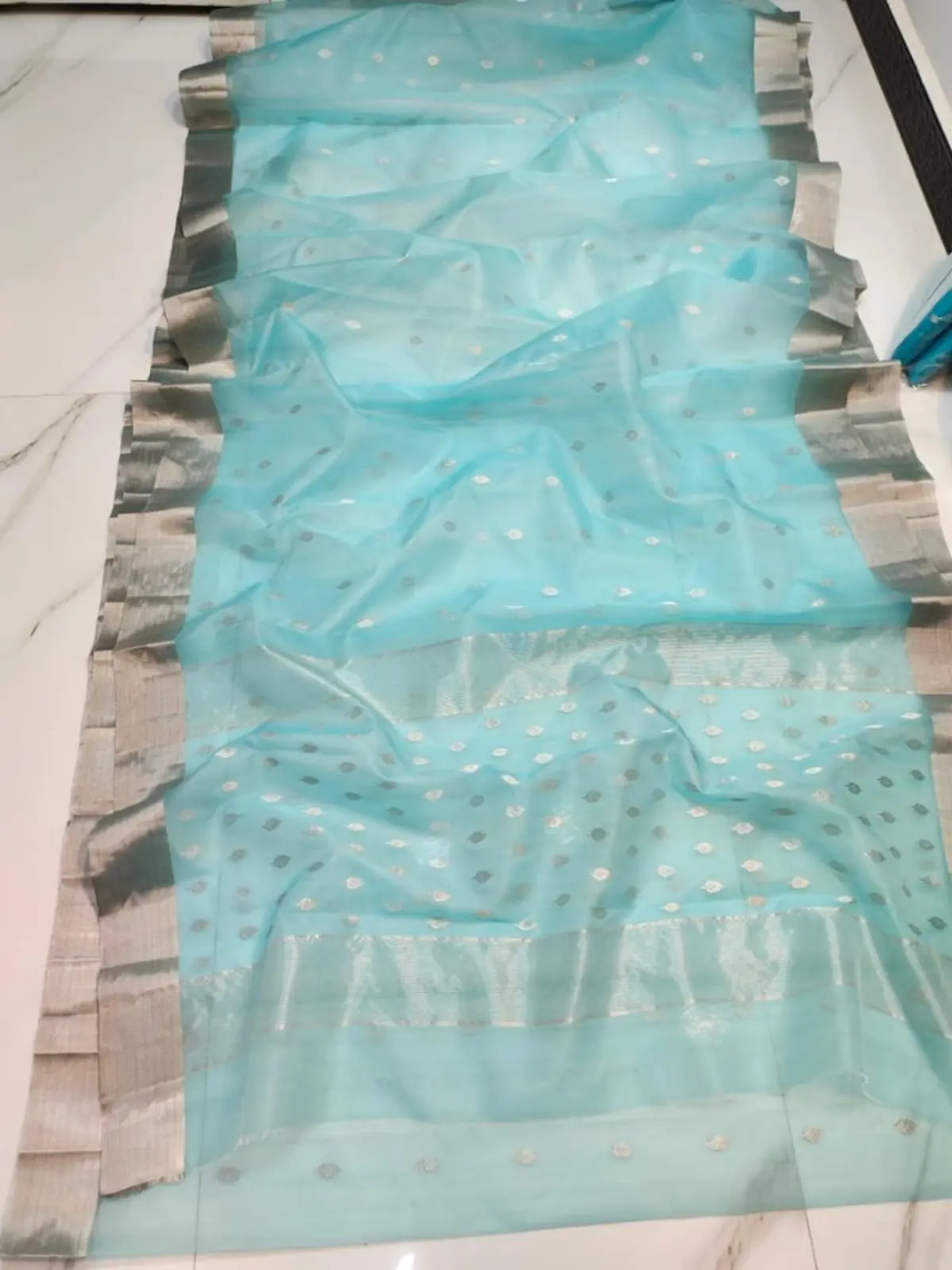 Handwoven Aqua Mist & Silver Aqua Mist & Silver Kataan Silk Saree - Authentic Chanderi Silk Saree Chanderi Saree - View 1