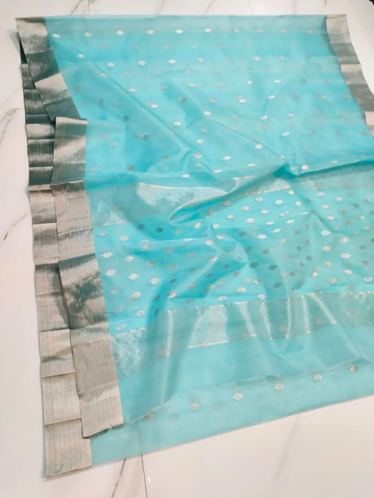 Handwoven Aqua Mist & Silver Aqua Mist & Silver Kataan Silk Saree - Authentic Chanderi Silk Saree Chanderi Saree - View 3
