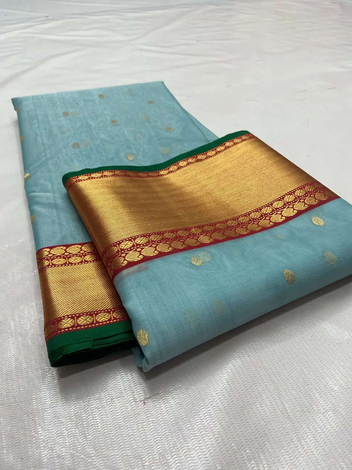 Handwoven Aqua Mist with Gilded Zari Aqua Mist with Scattered Gold Zari Bootis Kataan Silk - Authentic Chanderi Silk Saree Chanderi Saree - View 2