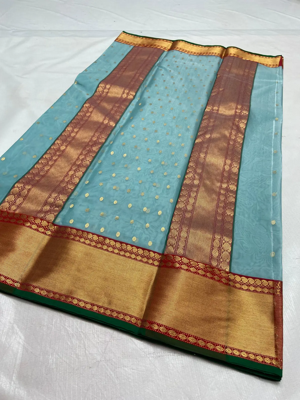 Handwoven Aqua Mist with Gilded Zari Aqua Mist with Scattered Gold Zari Bootis Kataan Silk - Authentic Chanderi Silk Saree Chanderi Saree - View 3