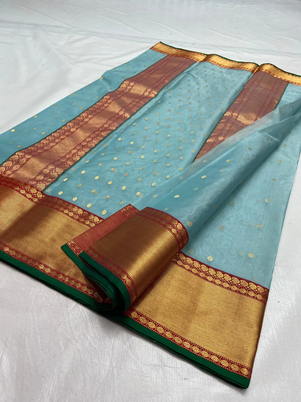 Handwoven Aqua Mist with Gilded Zari Aqua Mist with Scattered Gold Zari Bootis Kataan Silk - Authentic Chanderi Silk Saree Chanderi Saree - View 4