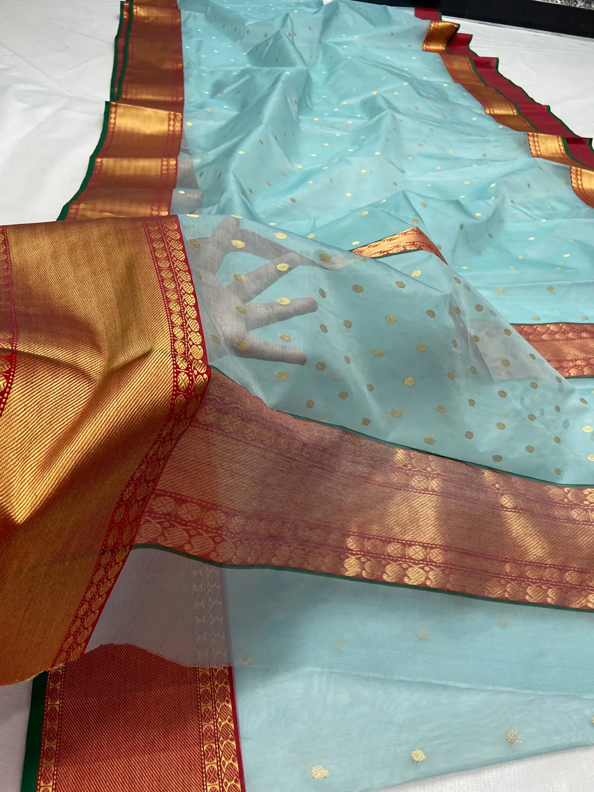 Handwoven Aqua Mist with Gilded Zari Aqua Mist with Scattered Gold Zari Bootis Kataan Silk - Authentic Chanderi Silk Saree Chanderi Saree - View 5