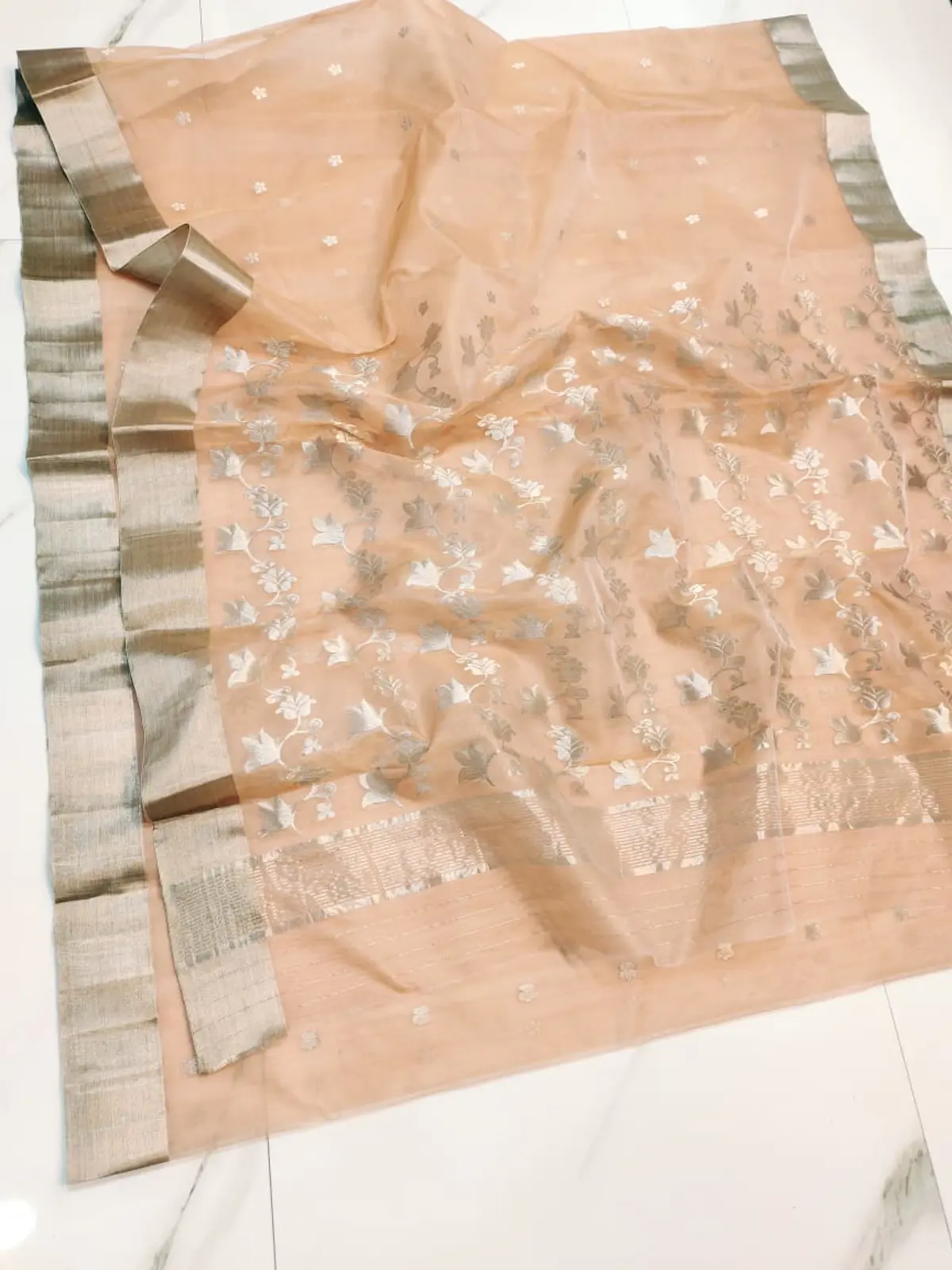 Blushing Peach & Sterling Silver Kataan Silk Saree - Handloom Chanderi Saree