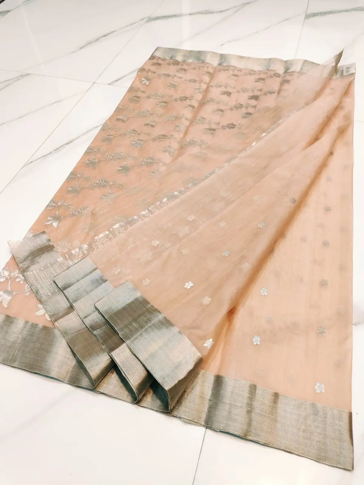 Handwoven Blushing Peach & Sterling Silver Blushing Peach & Sterling Silver Kataan Silk Saree - Authentic Chanderi Silk Saree Chanderi Saree - View 2