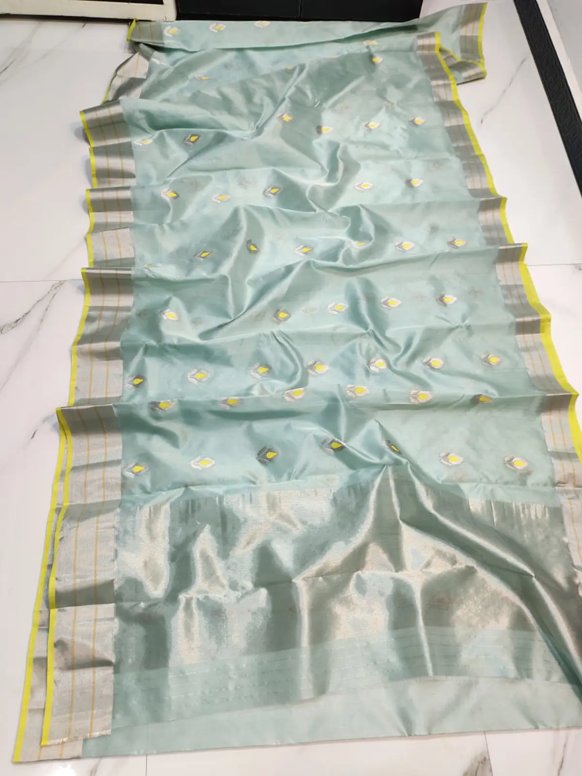 Handwoven Celadon Mist, Gilded Yellow, White, and Silver Zari Celadon Mist, Gilded Yellow, White, and Silver Zari Pattu Silk Saree - Authentic Chanderi Silk Saree Chanderi Saree