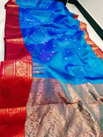 Handwoven Celestial Azure & Regal Ruby with Antique Gold Zari Celestial Azure with Regal Ruby Border and Antique Gold Zari Kataan Silk - Authentic Chanderi Silk Saree Chanderi Saree