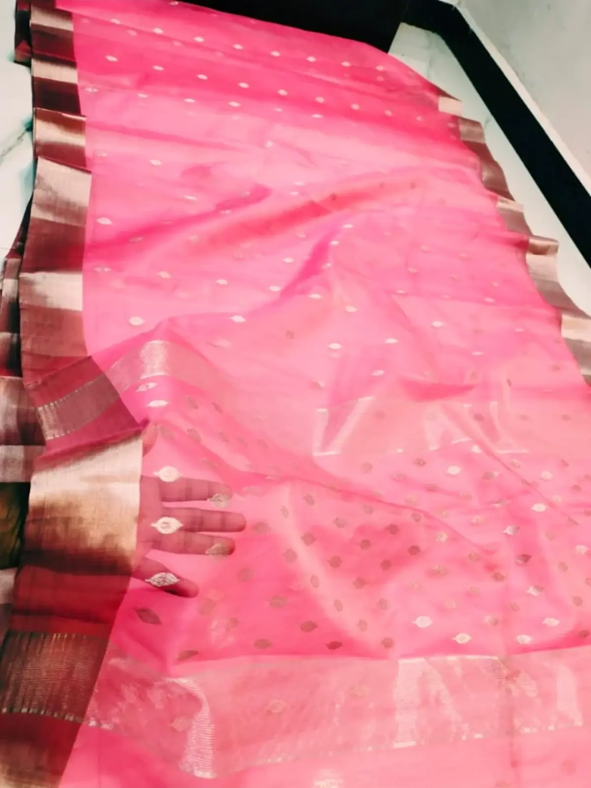 Handwoven Gilded Amber, Roseate Hues & Regal Garnet Cerise Radiance with Delicate Gold Zari Booti Kataan Silk - Authentic Chanderi Silk Saree Chanderi Saree - View 3