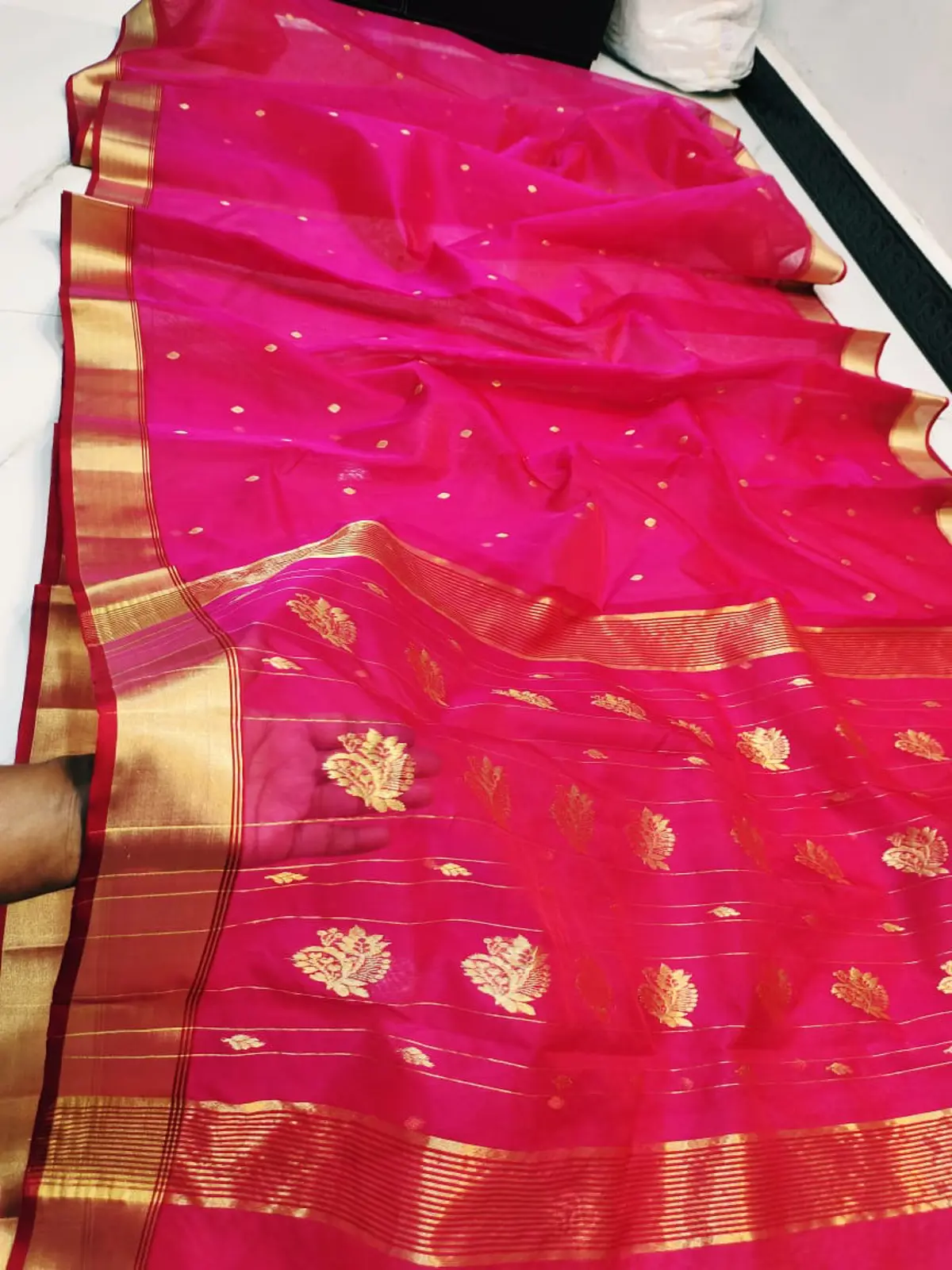 Cerise Radiance with Gilded Booti and Floral Motifs Kataan Silk