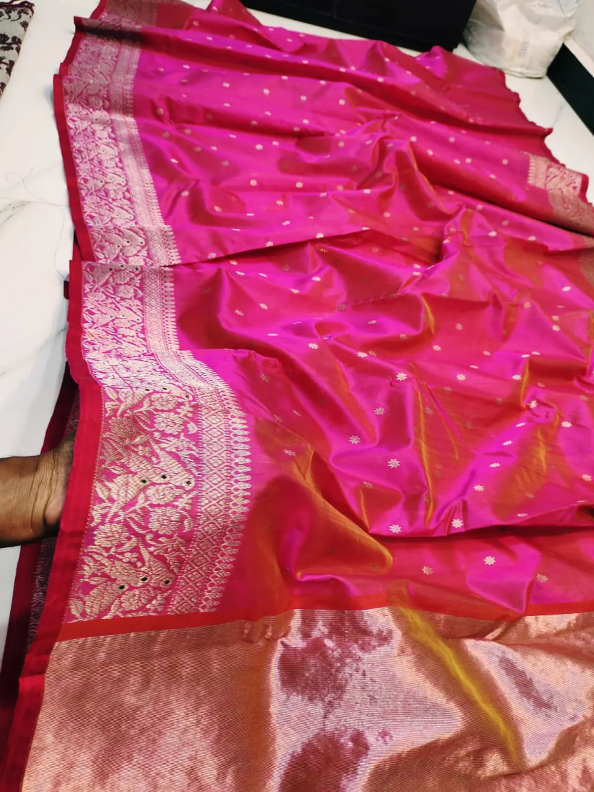 Cerise Radiance with Heirloom Gold Zari Weave Pattu Silk