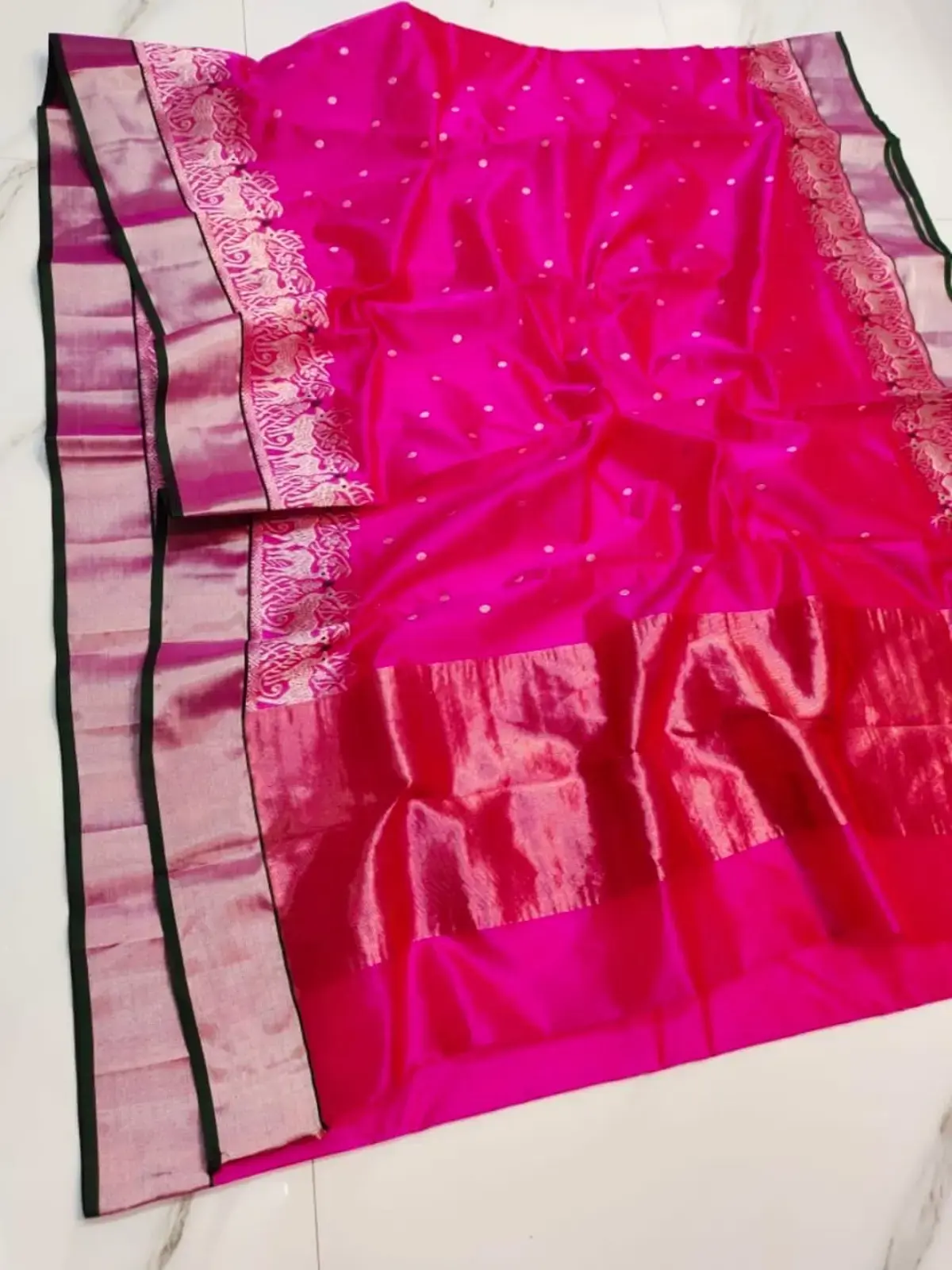 Handwoven Hot pink  Cerise Splendour with Scintillating Silver Elephant Motif Pattu Silk - Authentic Chanderi Silk Saree Chanderi Saree