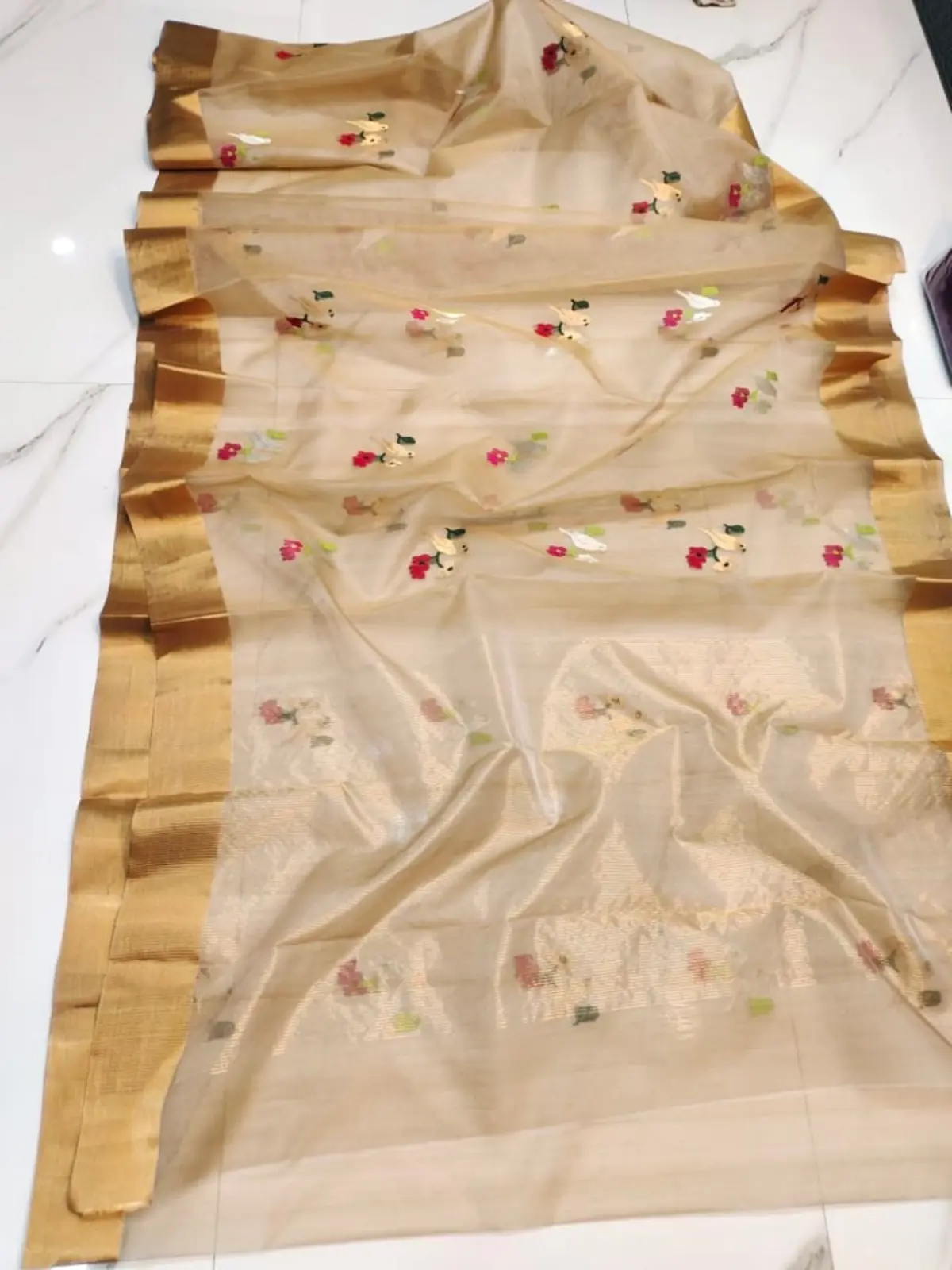Handwoven Champagne Blossom & Antique Gold Champagne Blossom and Antique Gold Champagne Blossom with Golden Zari Birds Chanderi Silk - Authentic Chanderi Silk Saree Chanderi Saree - View 1