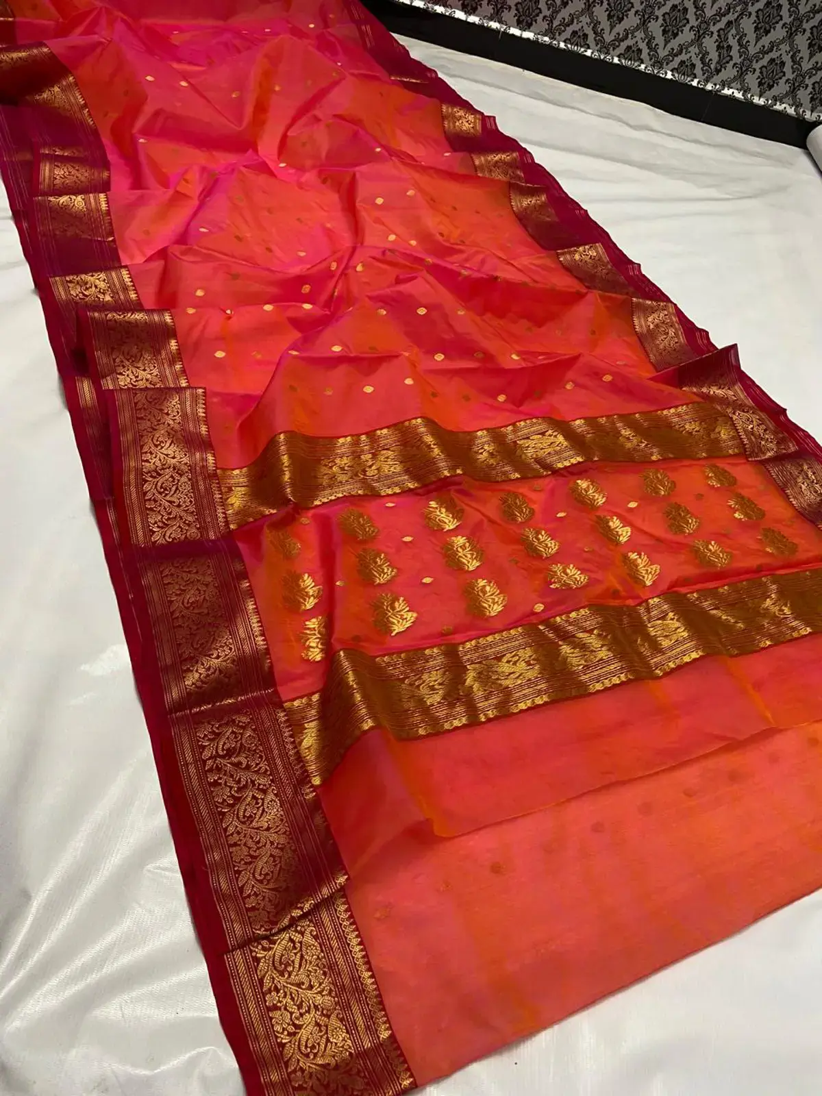 Coral Radiance with Magenta Ombre and Scattered Gold Zari Buttis Chanderi Saree