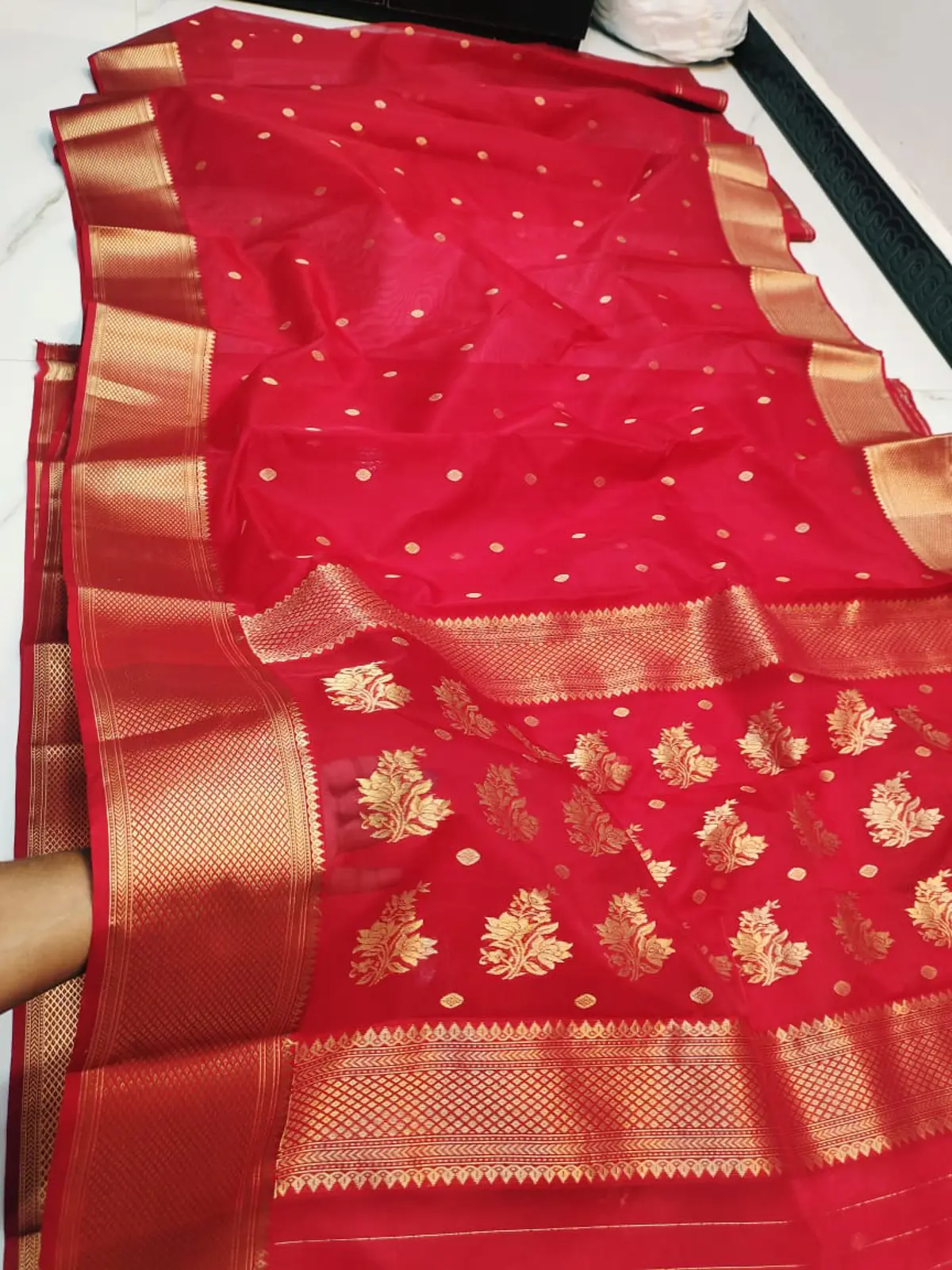 Crimson Bloom with Antique Gold Floral Jaal Kataan Silk