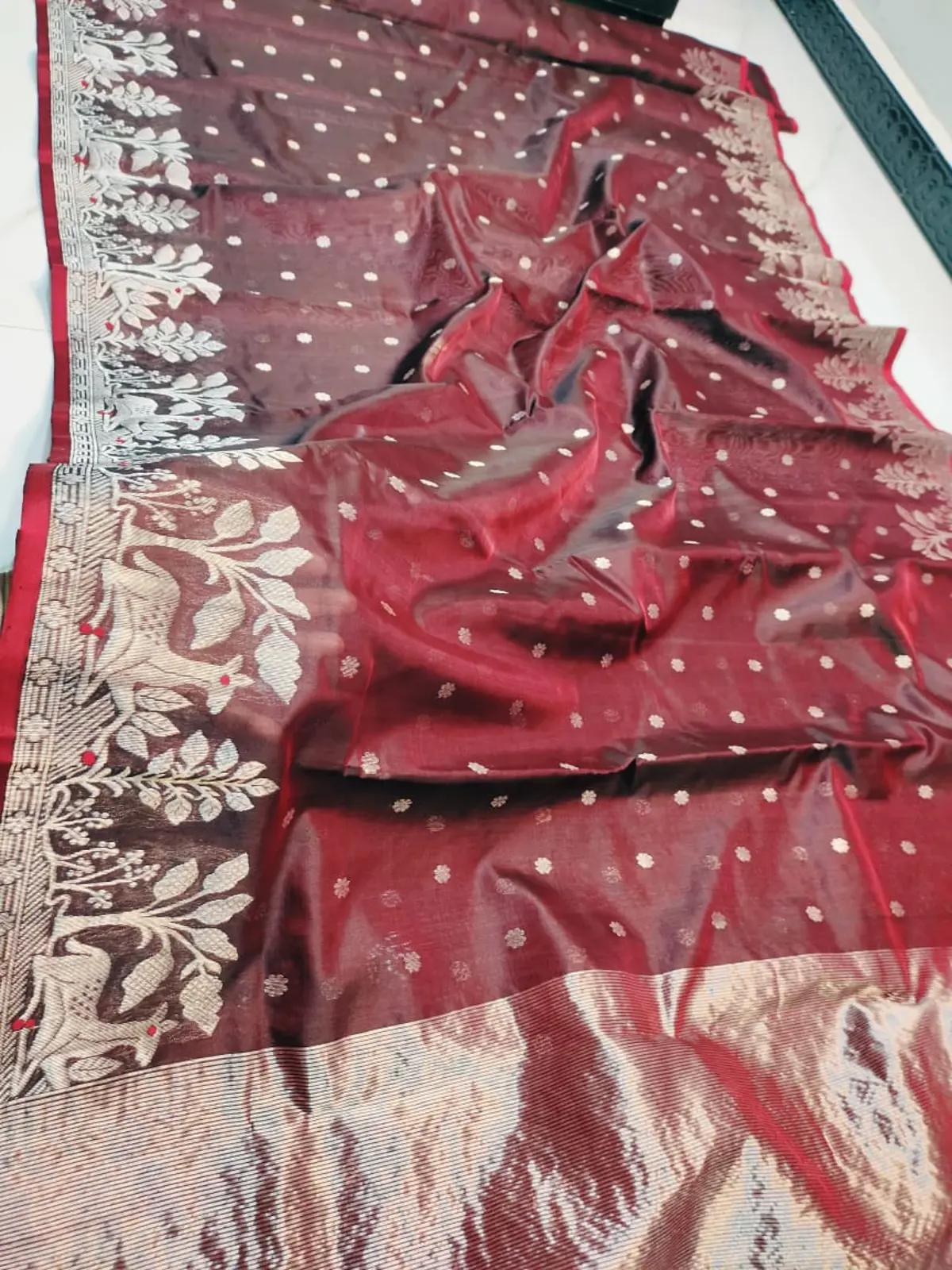 Crimson Bloom with Silver Floral Booti Pattu Silk