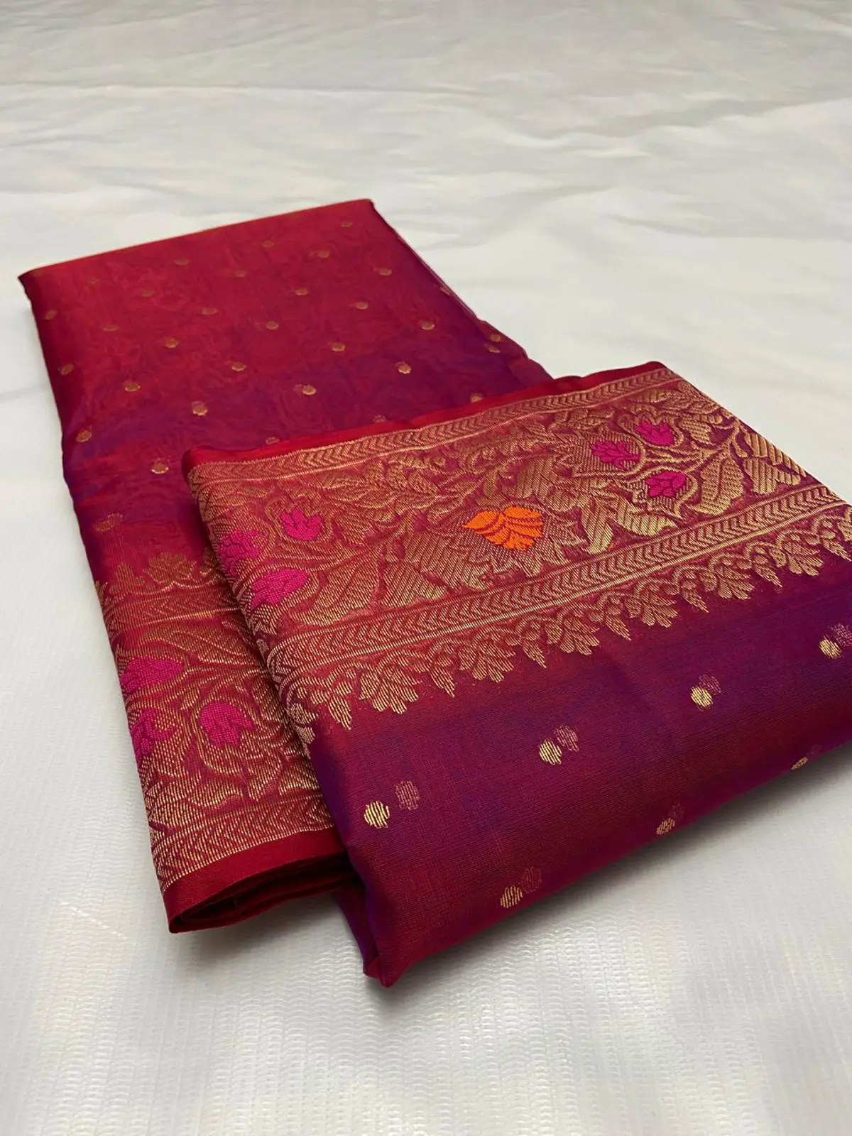 Crimson Plum with Intricate Antique Gold Zari Floral Motifs Kataan Silk