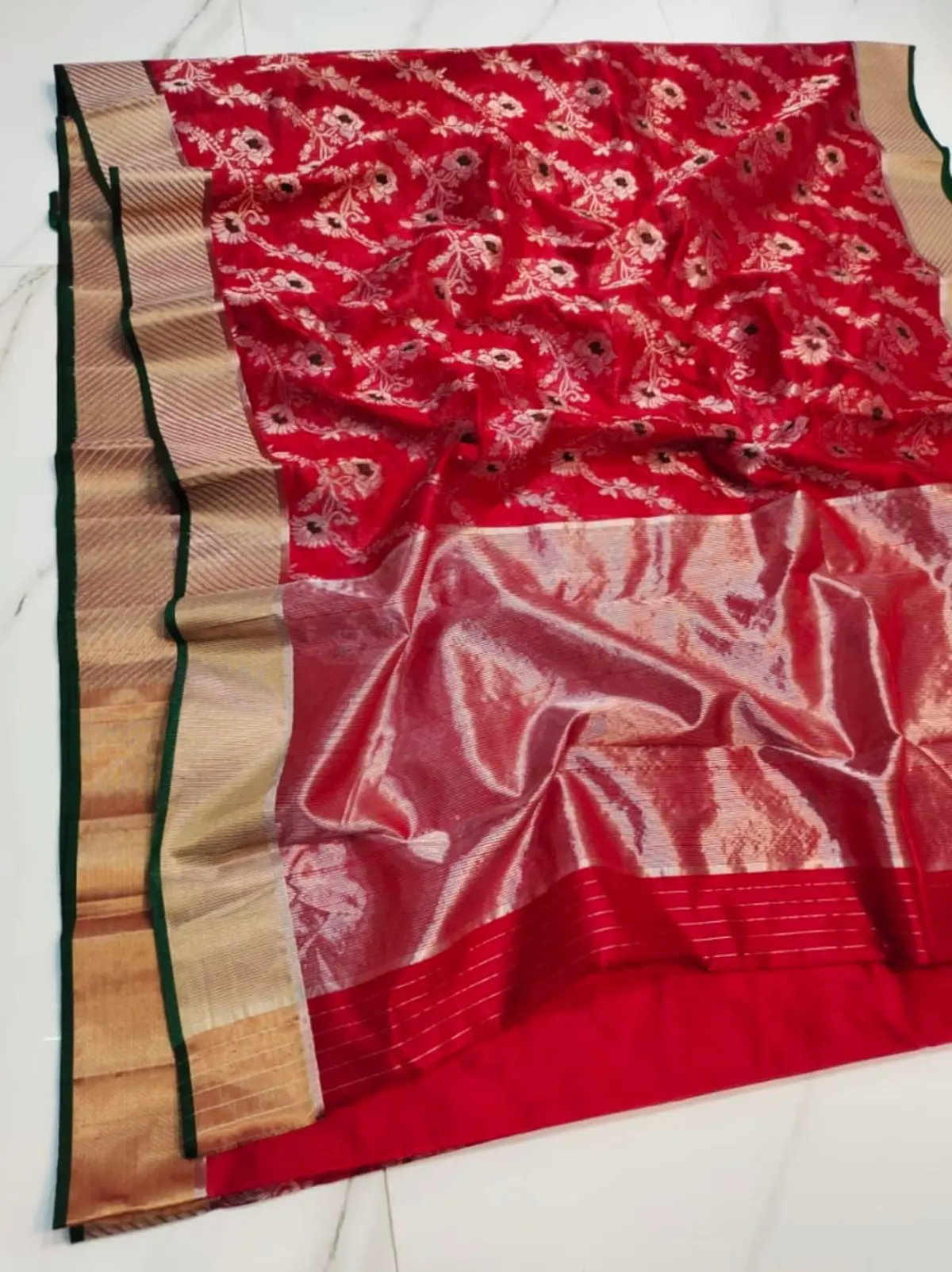 Crimson Radiance with Antique Gold and Deep Emerald Accents Pattu Silk Saree
