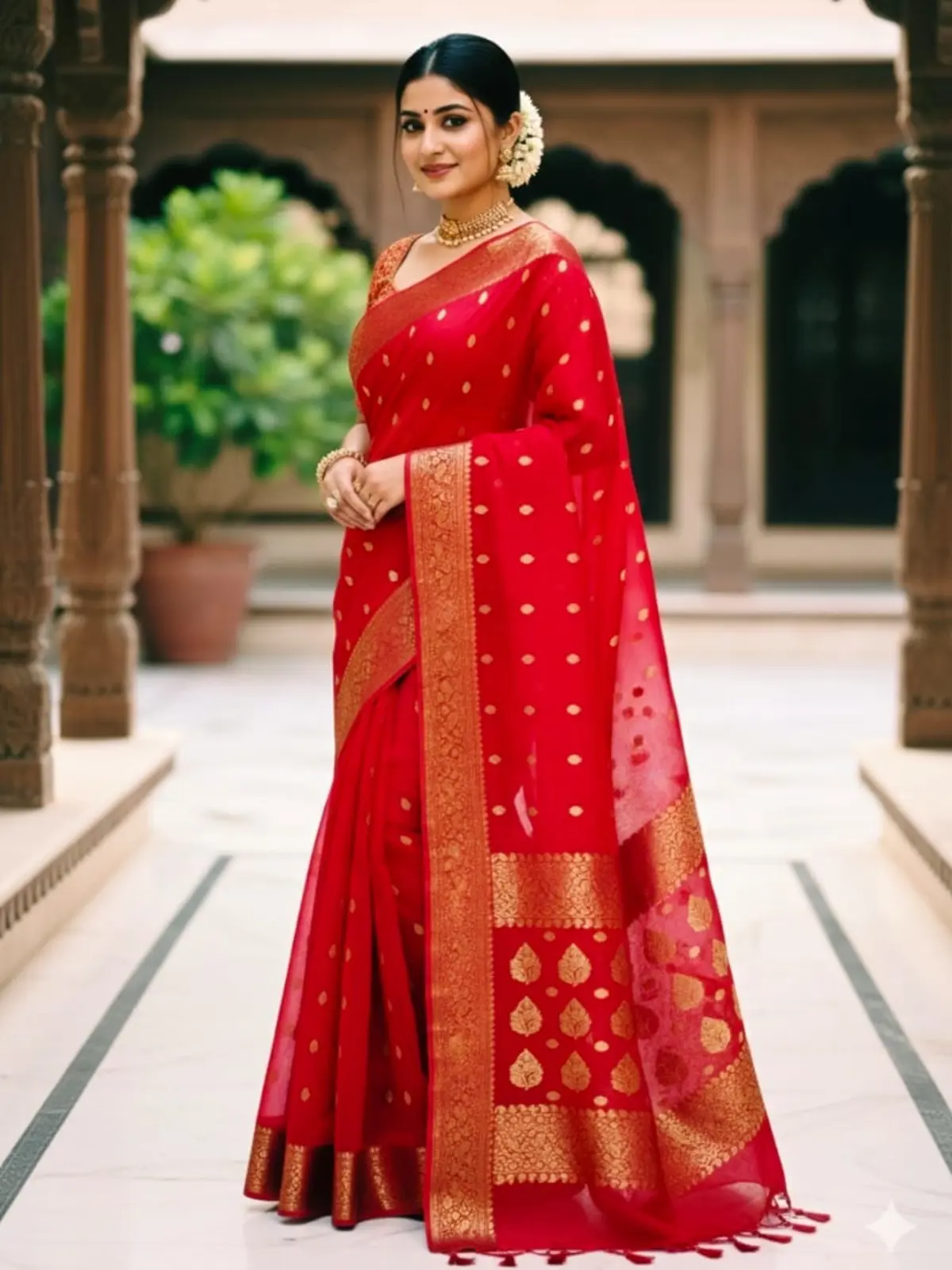 Crimson Radiance with Gilded Brocade Kataan Silk - Handloom Chanderi Saree