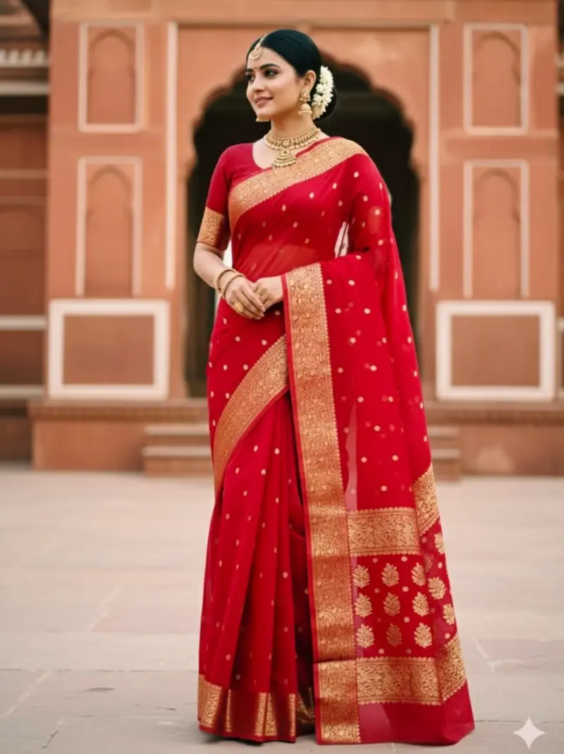 Crimson Radiance with Opulent Gold Zari Weave Kataan Silk