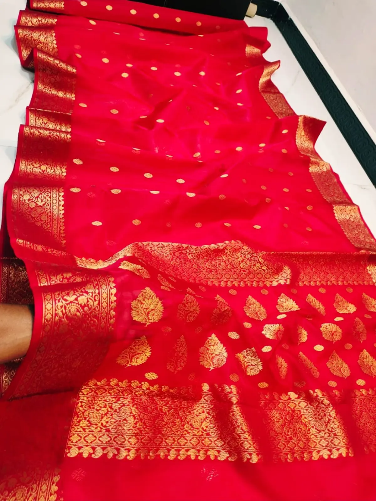 Handwoven Crimson Red with Antique Gold Zari Crimson Radiance with Opulent Gold Zari Buttis and Ornate Border Kataan Silk - Authentic Chanderi Silk Saree Chanderi Saree - View 3
