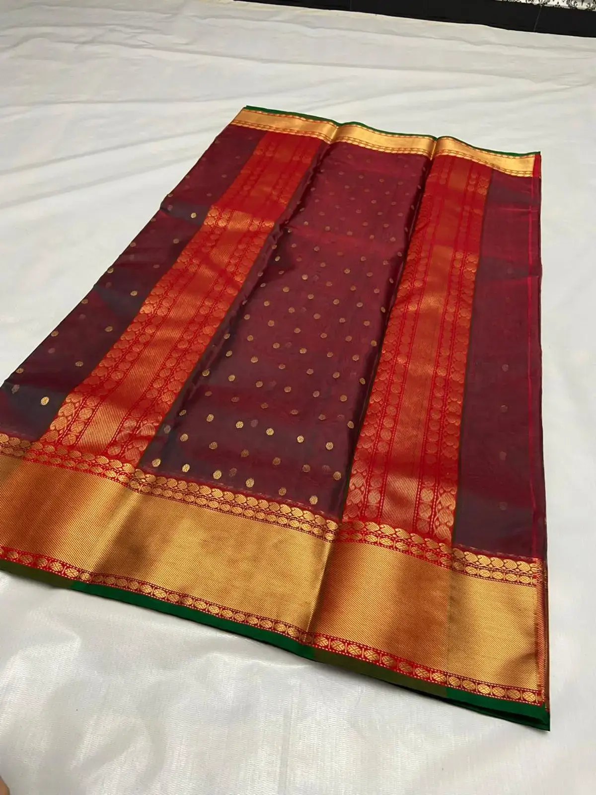 Crimson Twilight with Scattered Gold Zari Buti Chanderi Saree