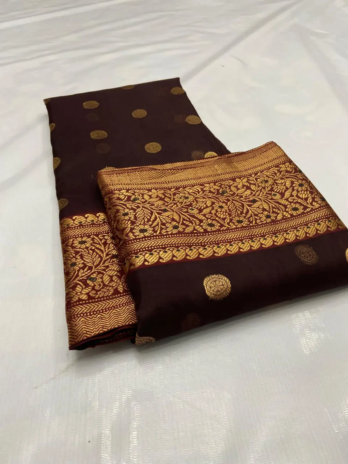 Deep Burgundy with Antique Gold Zari Bootis and Floral Border Kataan Silk