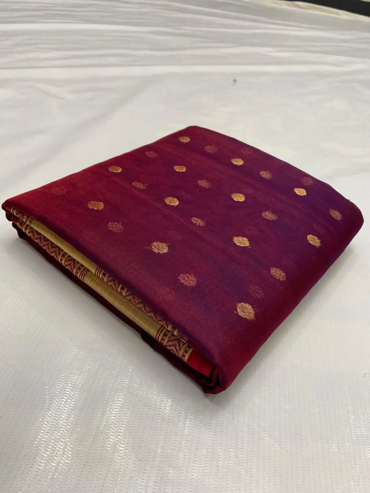 Deep Burgundy with Gold Polka Dot Zari Kataan Silk - Handloom Chanderi Saree