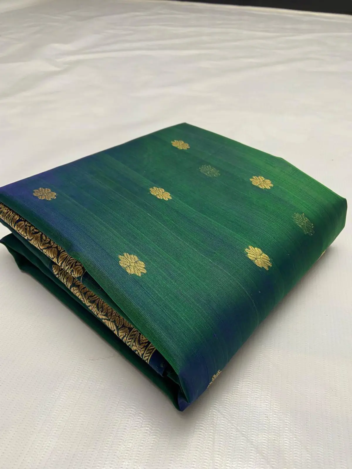 Emerald and Midnight Blue with Antique Gold Floral Booti Kataan Silk
