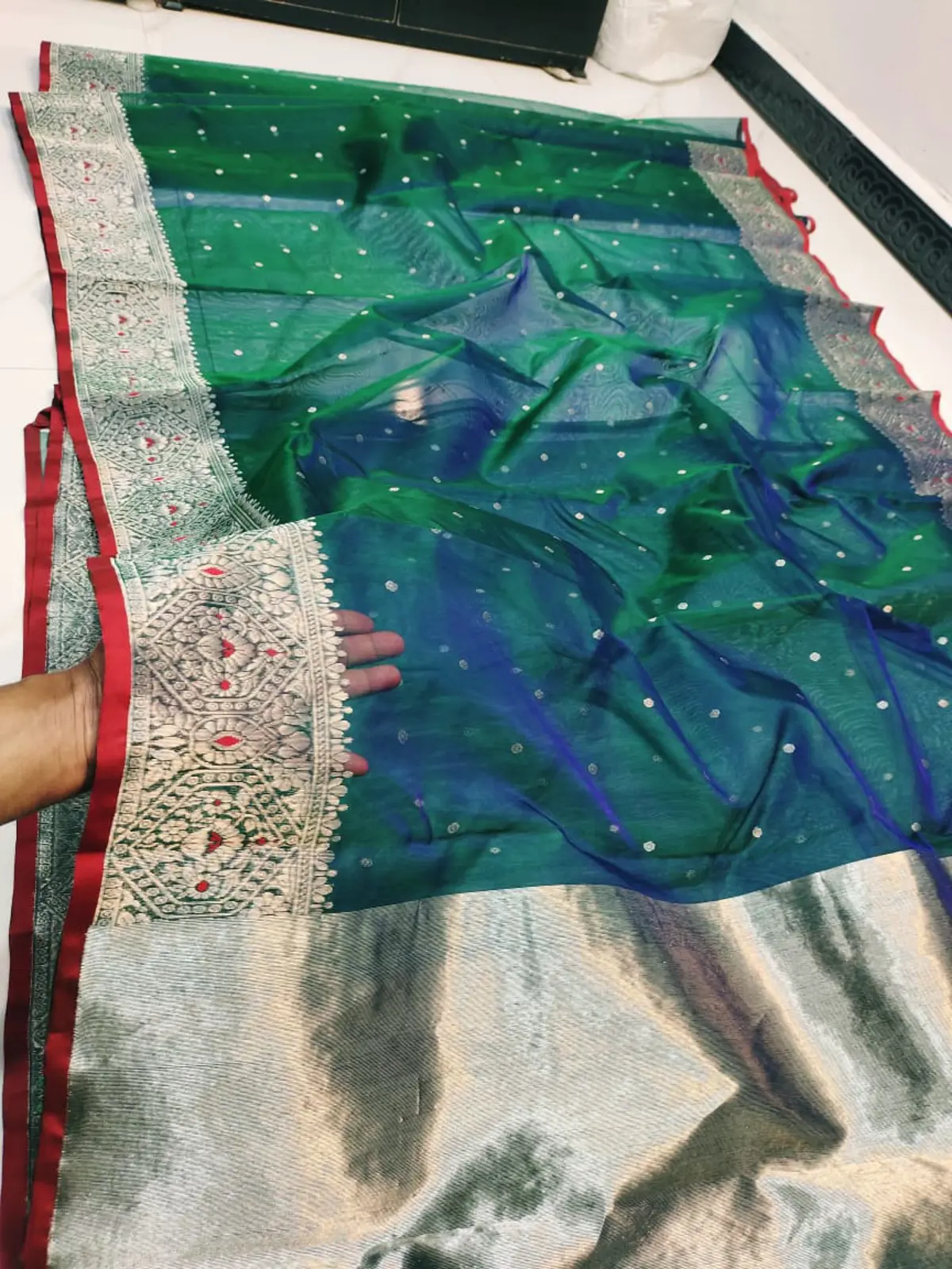 Emerald and Sapphire Ombre with Antique Silver Zari Border Chanderi Silk