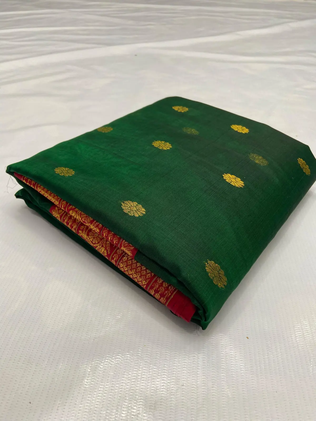 Emerald Green with Antique Gold Zari Bootis and Crimson Border Kataan Silk - Handloom Chanderi Saree