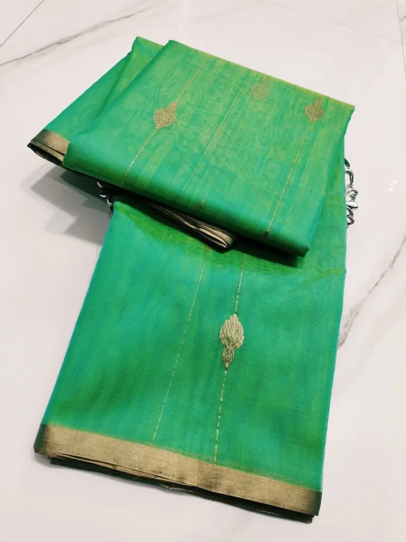 Emerald Green with Gold Leaf Motifs Kataan Silk