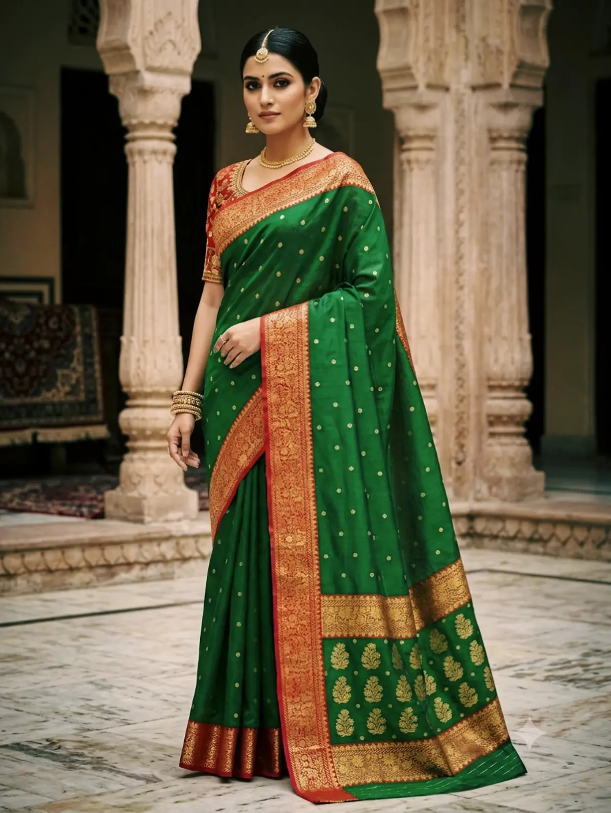 Handwoven Emerald Green Emerald Green with Golden Buti and Border Kataan Silk - Authentic Chanderi Silk Saree Chanderi Saree - View 1