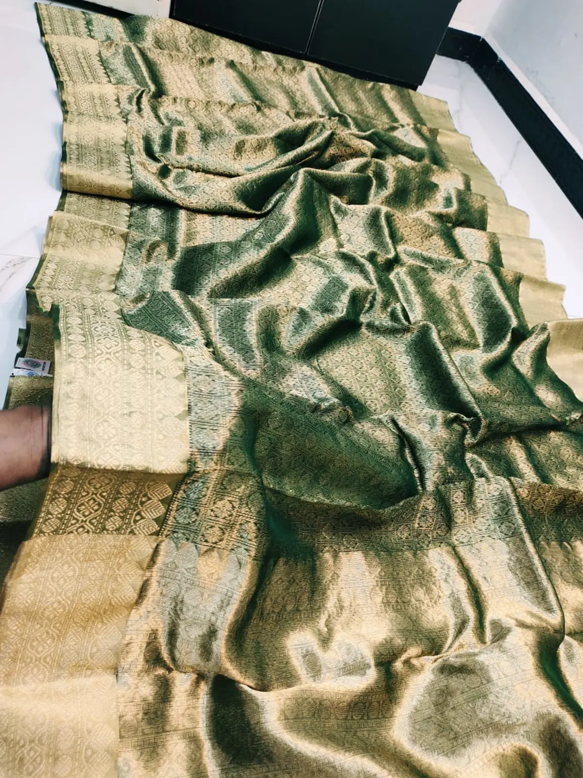 Handwoven Emerald & Antique Gold Emerald Grove with Antique Gold Brocade Kataan Silk - Authentic Chanderi Silk Saree Chanderi Saree - View 1