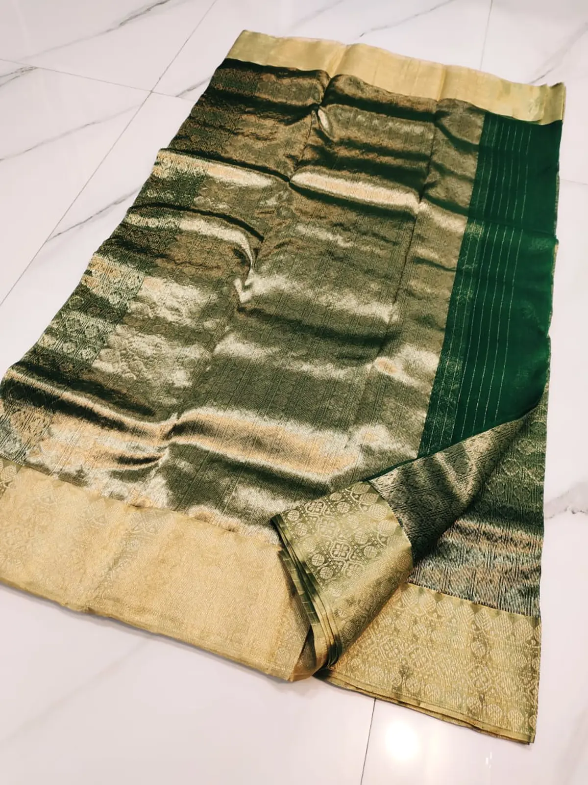 Handwoven Emerald & Antique Gold Emerald Grove with Antique Gold Brocade Kataan Silk - Authentic Chanderi Silk Saree Chanderi Saree - View 2