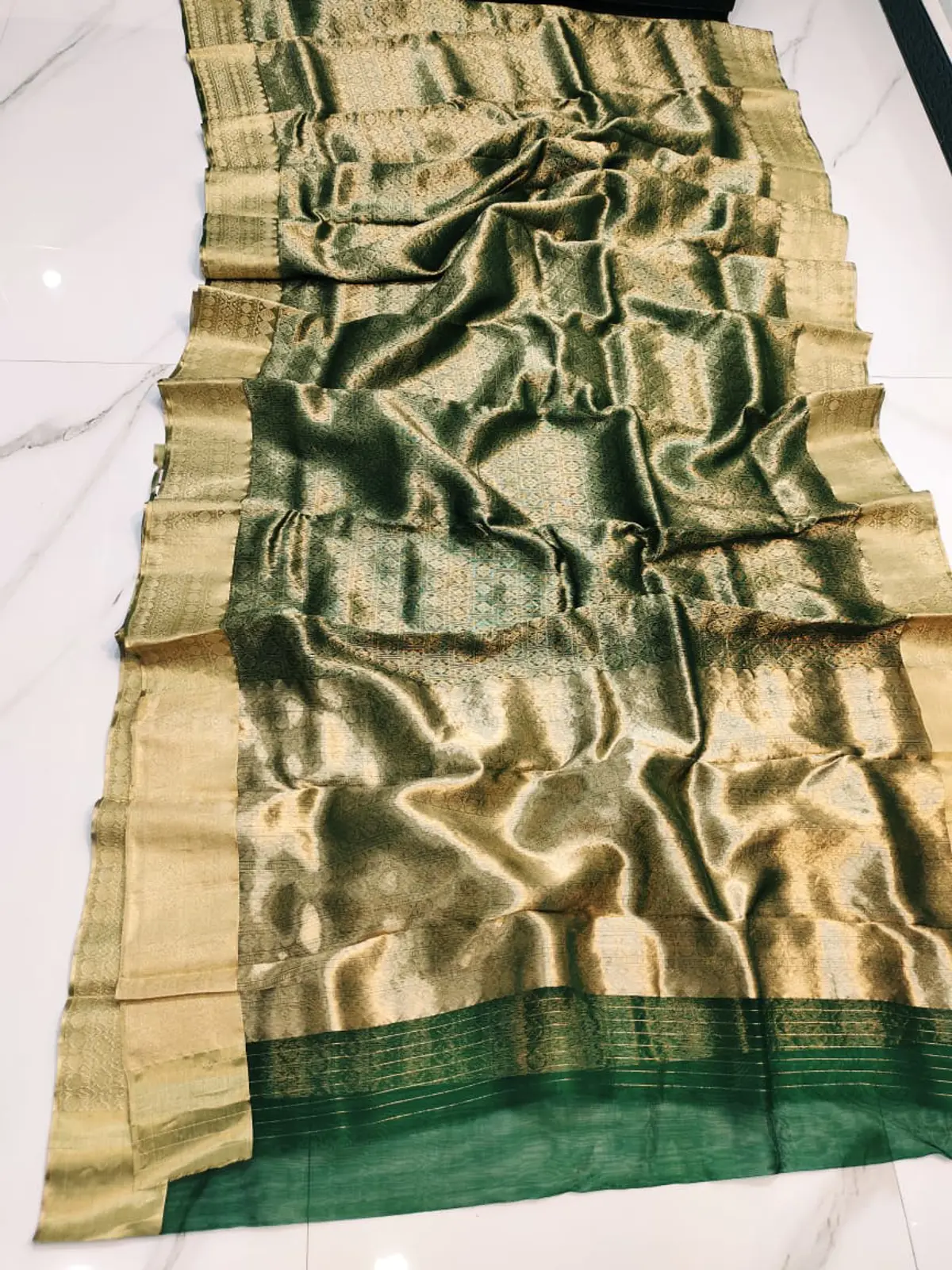 Handwoven Emerald & Antique Gold Emerald Grove with Antique Gold Brocade Kataan Silk - Authentic Chanderi Silk Saree Chanderi Saree - View 4