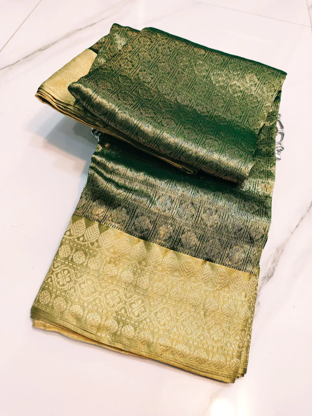 Handwoven Emerald & Antique Gold Emerald Grove with Antique Gold Brocade Kataan Silk - Authentic Chanderi Silk Saree Chanderi Saree - View 5