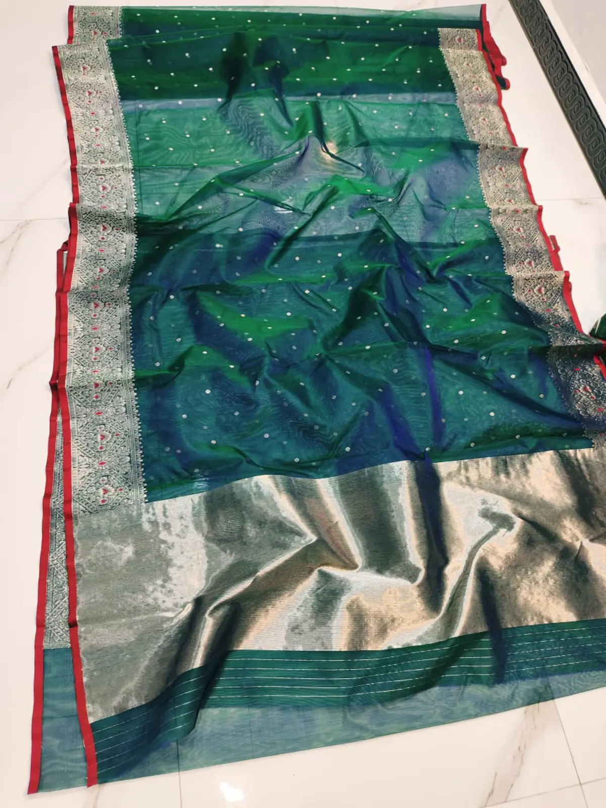 Handwoven Emerald Teal with Antique Silver and Crimson Accents Emerald Teal with Antique Silver and Crimson Accents Kataan Silk Saree - Authentic Chanderi Silk Saree Chanderi Saree