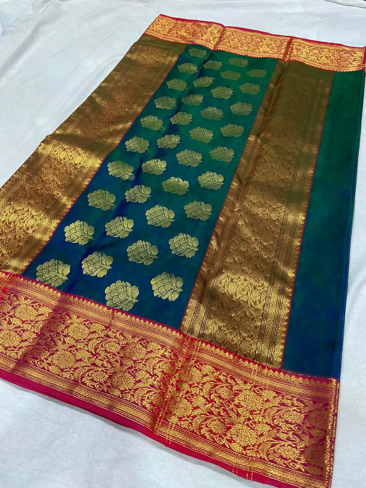 Emerald Teal with Opulent Gold Zari Floral Buti Kataan Silk - Handloom Chanderi Saree
