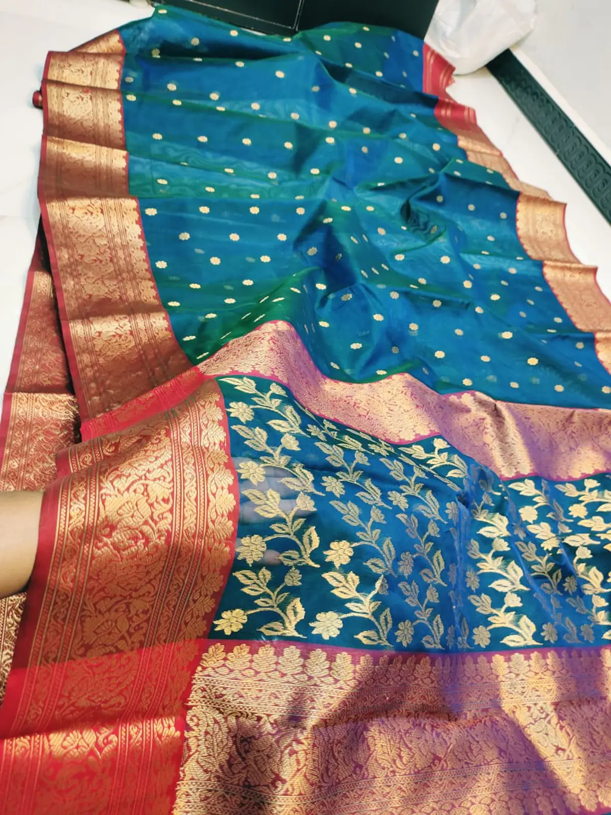 Emerald Teal with Ruby Red Border and Floral Zari Kataan Silk - Handloom Chanderi Saree