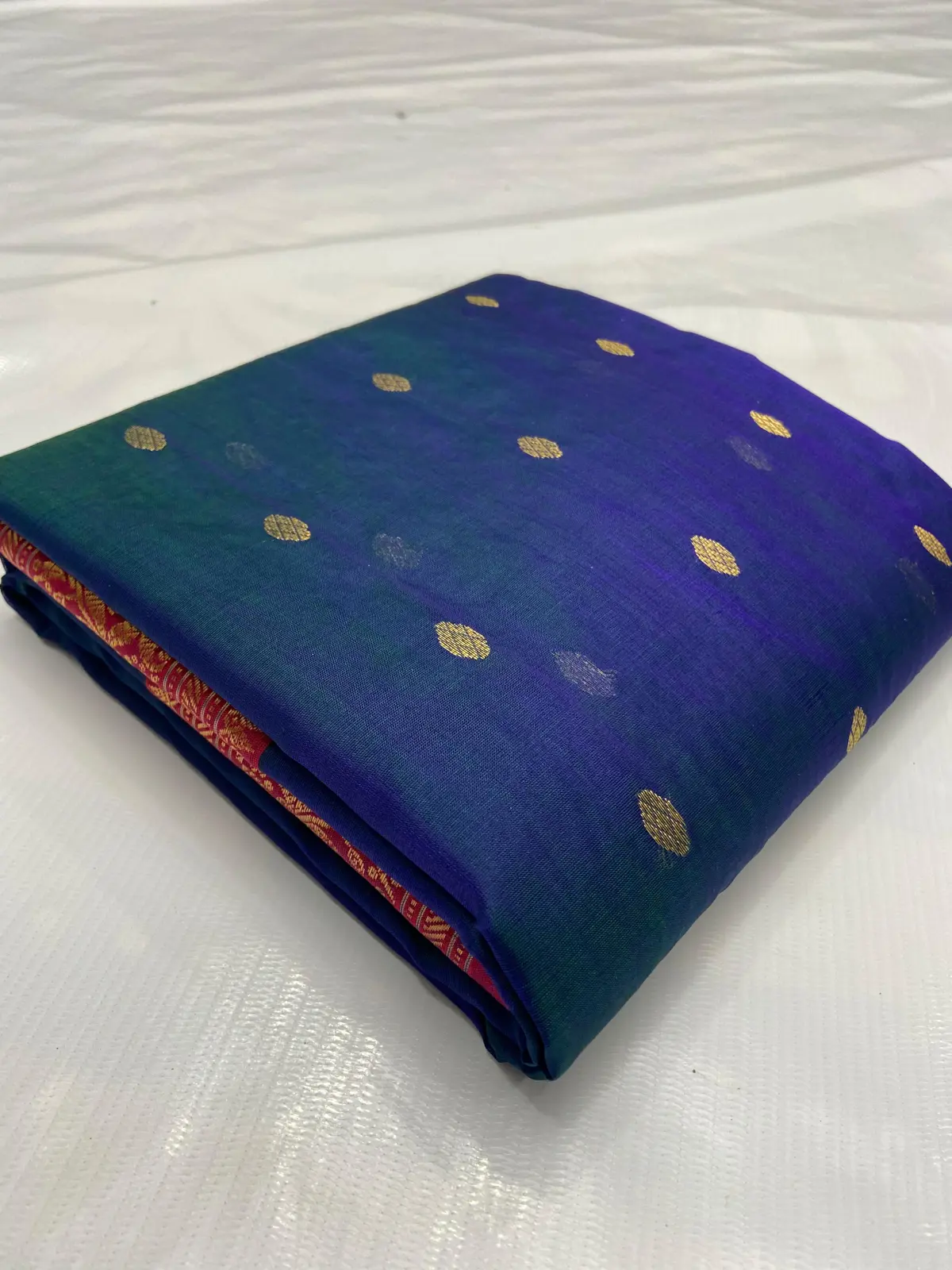 Emerald Twilight to Royal Sapphire with Gold Zari Bootis and Fuchsia Border Kataan Silk