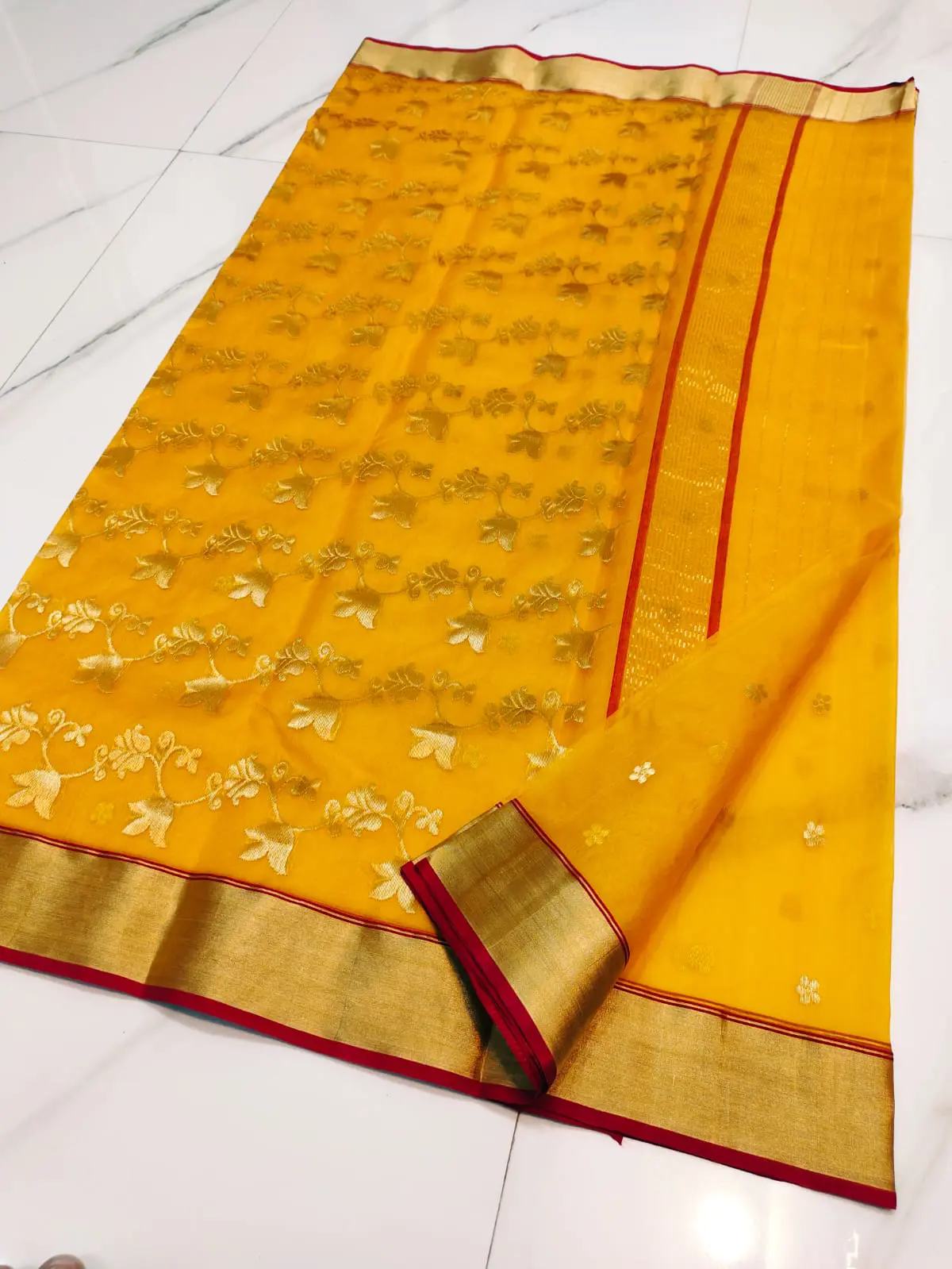 Handwoven Emerald Verdant & Gilded Gold Emerald Verdant with Gilded Floral Jaal Kataan Silk - Authentic Chanderi Silk Saree Chanderi Saree - View 4