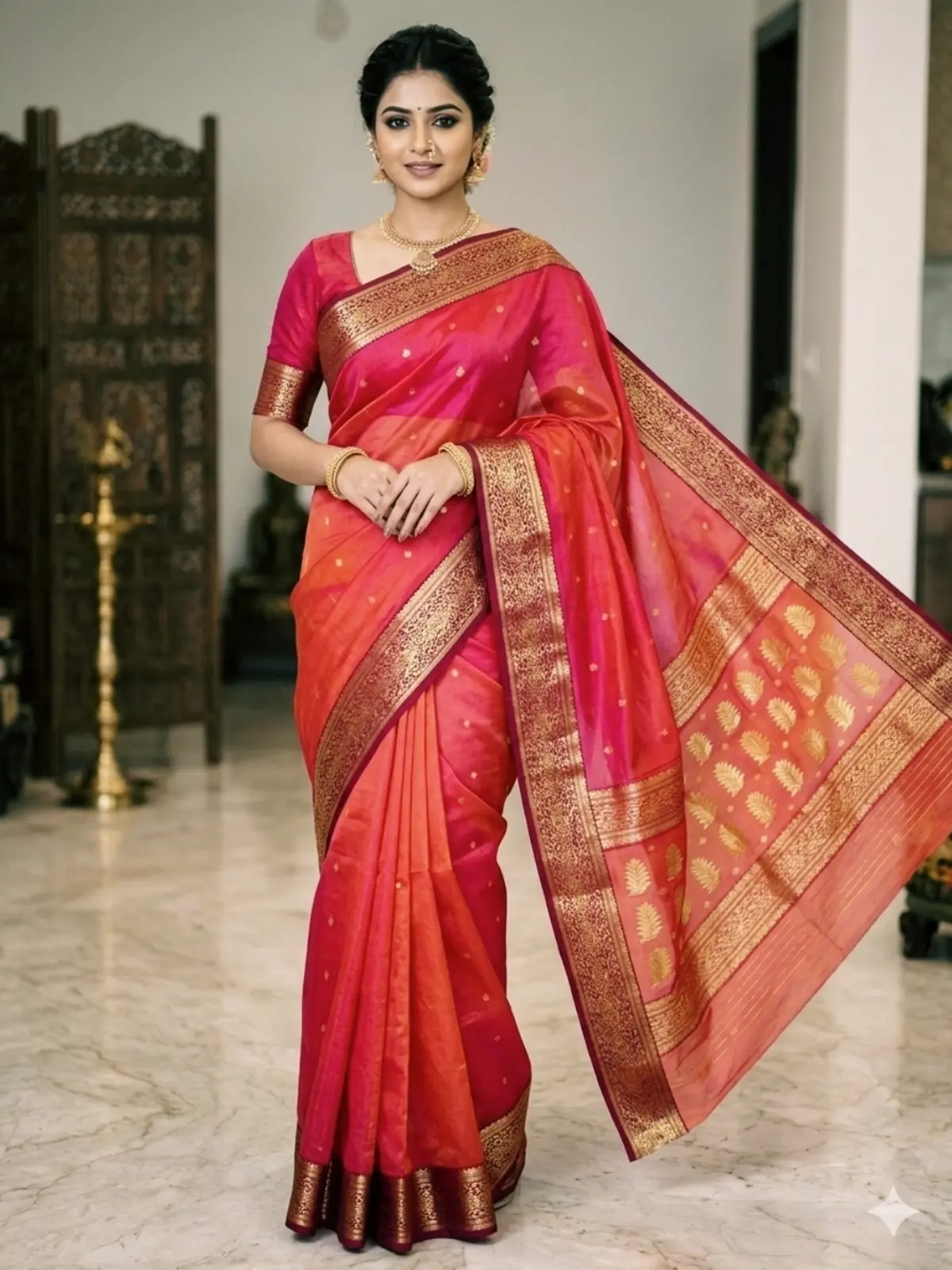 Fuchsia and Coral Ombre with Regal Gold Zari Border and Pallu Chanderi Silk