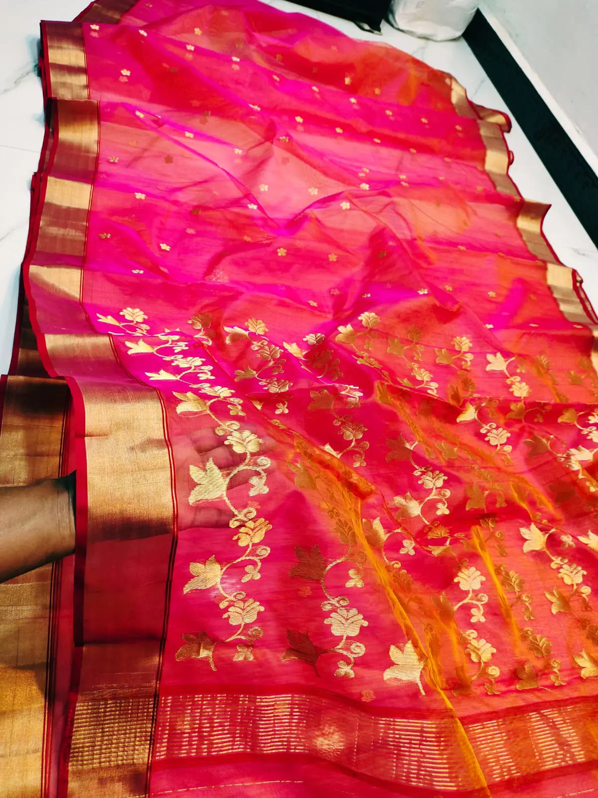 Fuchsia Radiance with Gilded Botanical Weave Chanderi Silk