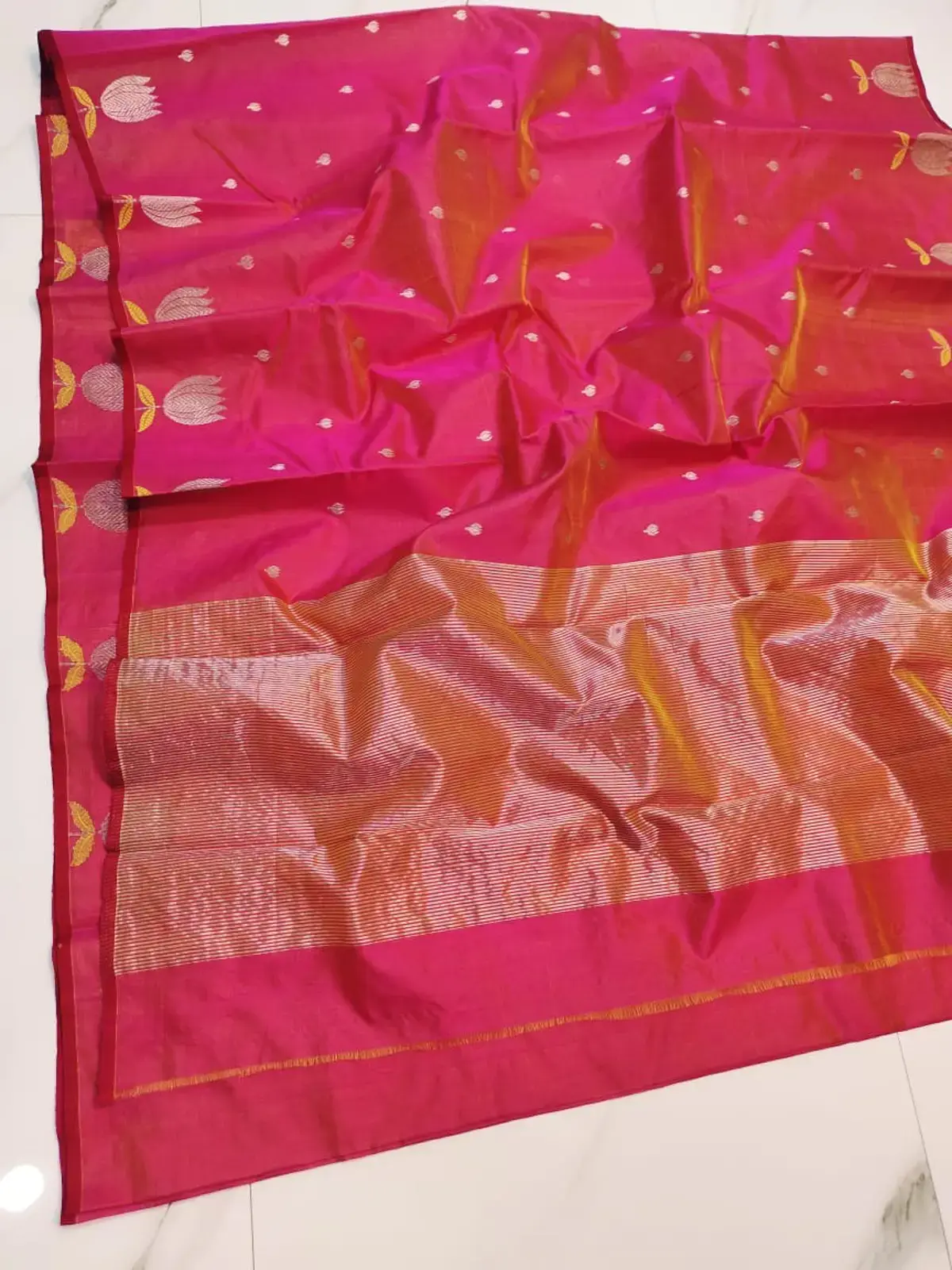 Fuchsia Radiance with Gilded Floral Buttas and Striped Zari Pallu Pattu Silk